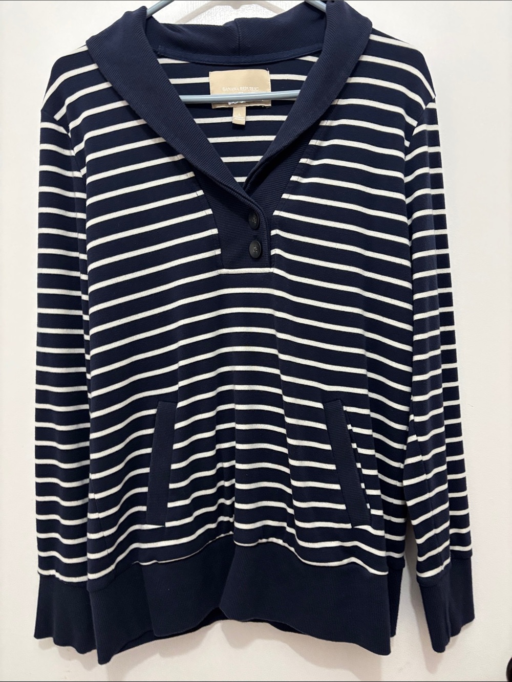 Banana Republic Navy & White Striped Shawl-Collar Pullover Sz L